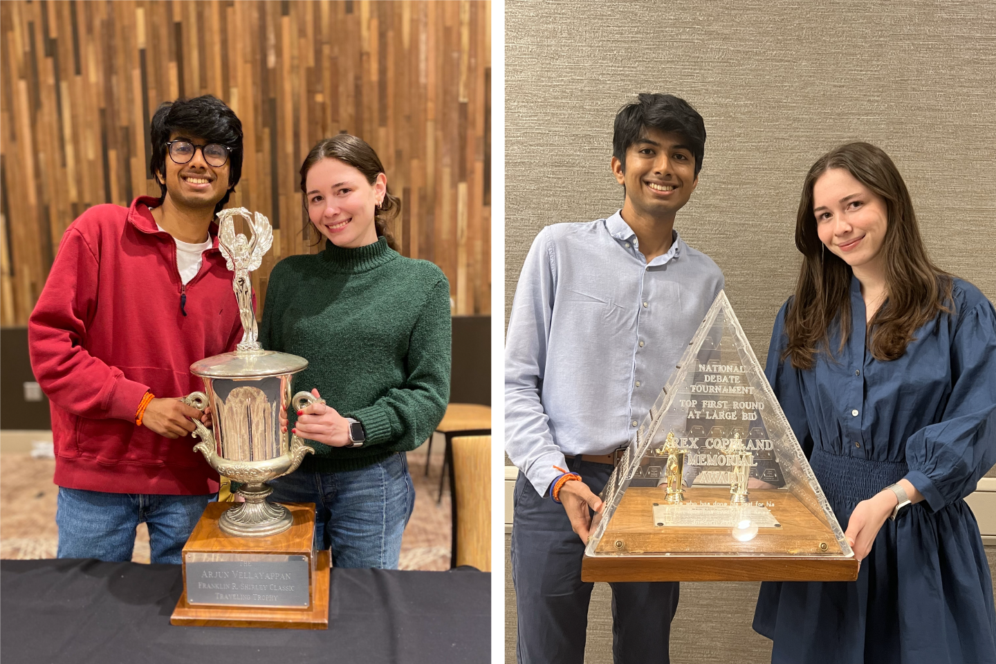 Two photos of Grace Kessler and Shreyas Rajagopal standing together with their awards.
